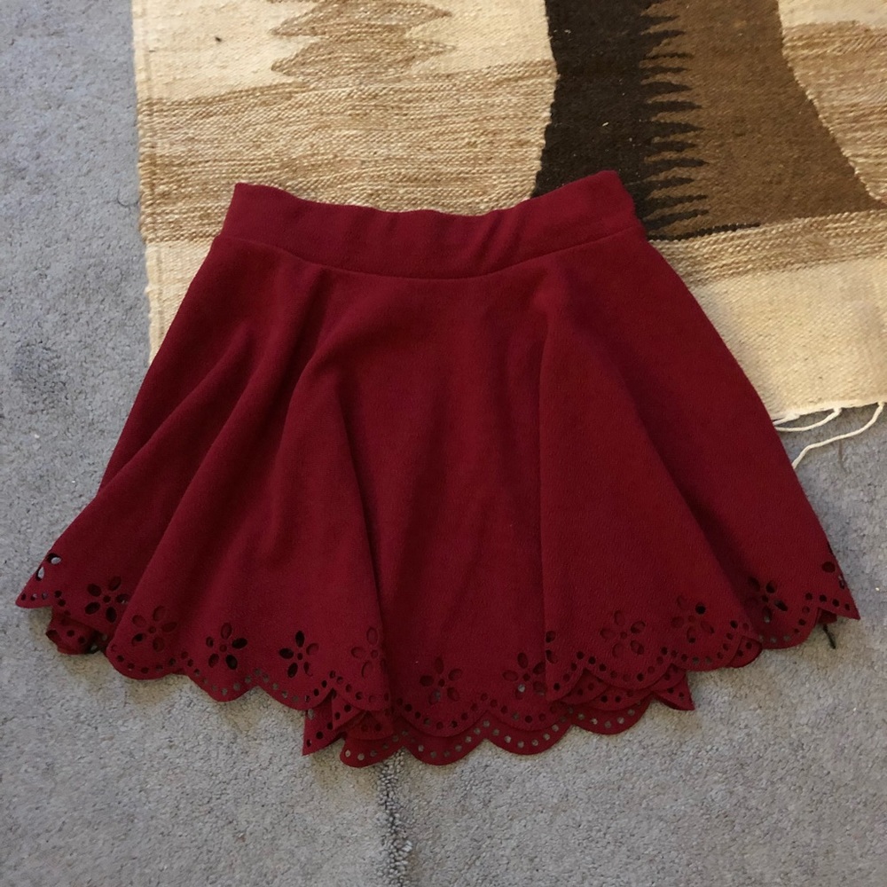 Burgundy Floral Laser Cut Mini Skirt - free size